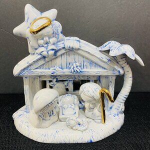 Vintage Porcelain Musical Nativity Christmas Scene Blue White